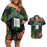 Custom Hawaii Volleyball Couples Matching Off Shoulder Short Dress and Hawaiian Shirt Kakau Abstract and Tropical Plants Black Color - Polynesian Pride