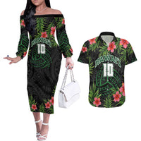Custom Hawaii Volleyball Couples Matching Off The Shoulder Long Sleeve Dress and Hawaiian Shirt Kakau Abstract and Tropical Plants Black Color - Polynesian Pride