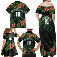 Custom Hawaii Volleyball Family Matching Off Shoulder Maxi Dress and Hawaiian Shirt Kakau Abstract and Tropical Plants Black Color - Polynesian Pride