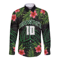 Custom Hawaii Volleyball Long Sleeve Button Shirt Kakau Abstract and Tropical Plants Black Color - Polynesian Pride