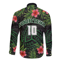 Custom Hawaii Volleyball Long Sleeve Button Shirt Kakau Abstract and Tropical Plants Black Color - Polynesian Pride