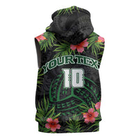 Custom Hawaii Volleyball Sleeveless Hoodie Kakau Abstract and Tropical Plants Black Color - Polynesian Pride