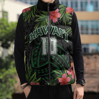 Custom Hawaii Volleyball Sleeveless Puffer Jacket Kakau Abstract and Tropical Plants Black Color - Polynesian Pride