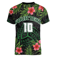 Custom Hawaii Volleyball Women V-Neck T-Shirt Kakau Abstract and Tropical Plants Black Color - Polynesian Pride