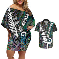 New Zealand Couples Matching Off Shoulder Short Dress and Hawaiian Shirt Aotearoa Symbols With Silver Fern LT03 Black - Polynesian Pride