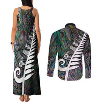 New Zealand Couples Matching Tank Maxi Dress and Long Sleeve Button Shirt Aotearoa Symbols With Silver Fern LT03 - Polynesian Pride