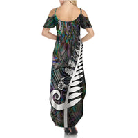 New Zealand Summer Maxi Dress Aotearoa Symbols With Silver Fern LT03 - Polynesian Pride