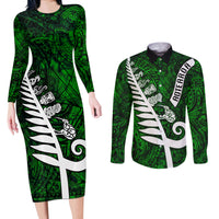 New Zealand Couples Matching Long Sleeve Bodycon Dress and Long Sleeve Button Shirt Silver Fern and Maori Symbols Papua Shell Green Style LT03 Green - Polynesian Pride