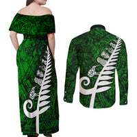 New Zealand Couples Matching Off Shoulder Maxi Dress and Long Sleeve Button Shirt Silver Fern and Maori Symbols Papua Shell Green Style LT03 - Polynesian Pride