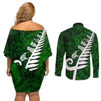 New Zealand Couples Matching Off Shoulder Short Dress and Long Sleeve Button Shirt Silver Fern and Maori Symbols Papua Shell Green Style LT03 - Polynesian Pride