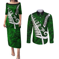 New Zealand Couples Matching Puletasi Dress and Long Sleeve Button Shirt Silver Fern and Maori Symbols Papua Shell Green Style LT03 Green - Polynesian Pride