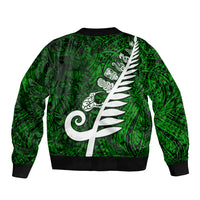 New Zealand Sleeve Zip Bomber Jacket Silver Fern and Maori Symbols Papua Shell Green Style LT03 - Polynesian Pride
