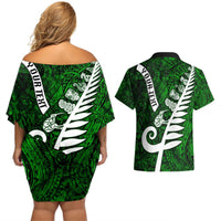 Personalized New Zealand Couples Matching Off Shoulder Short Dress and Hawaiian Shirt Silver Fern and Maori Symbols Papua Shell Green Style LT03 - Polynesian Pride