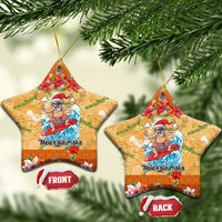 Hawaii Mele Kalikimaka Ceramic Ornament Funny Santa Claus Surfing on Tropical Plants - Polynesian Pride