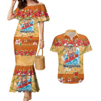 Hawaii Mele Kalikimaka Couples Matching Mermaid Dress and Hawaiian Shirt Funny Santa Claus Surfing on Tropical Plants LT03 Multicolor - Polynesian Pride