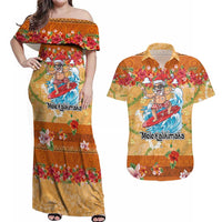 Hawaii Mele Kalikimaka Couples Matching Off Shoulder Maxi Dress and Hawaiian Shirt Funny Santa Claus Surfing on Tropical Plants LT03 Multicolor - Polynesian Pride