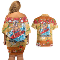 Hawaii Mele Kalikimaka Couples Matching Off Shoulder Short Dress and Hawaiian Shirt Funny Santa Claus Surfing on Tropical Plants LT03 - Polynesian Pride