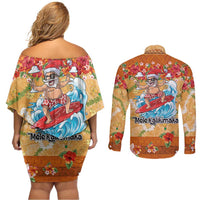 Hawaii Mele Kalikimaka Couples Matching Off Shoulder Short Dress and Long Sleeve Button Shirt Funny Santa Claus Surfing on Tropical Plants - Polynesian Pride