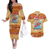 Hawaii Mele Kalikimaka Couples Matching Off The Shoulder Long Sleeve Dress and Hawaiian Shirt Funny Santa Claus Surfing on Tropical Plants LT03 Multicolor - Polynesian Pride