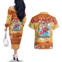 Hawaii Mele Kalikimaka Couples Matching Off The Shoulder Long Sleeve Dress and Hawaiian Shirt Funny Santa Claus Surfing on Tropical Plants LT03 - Polynesian Pride