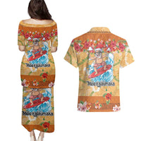 Hawaii Mele Kalikimaka Couples Matching Puletasi and Hawaiian Shirt Funny Santa Claus Surfing on Tropical Plants LT03 - Polynesian Pride
