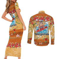 Hawaii Mele Kalikimaka Couples Matching Short Sleeve Bodycon Dress and Long Sleeve Button Shirt Funny Santa Claus Surfing on Tropical Plants LT03 - Polynesian Pride