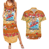 Hawaii Mele Kalikimaka Couples Matching Summer Maxi Dress and Hawaiian Shirt Funny Santa Claus Surfing on Tropical Plants LT03 Multicolor - Polynesian Pride