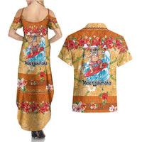 Hawaii Mele Kalikimaka Couples Matching Summer Maxi Dress and Hawaiian Shirt Funny Santa Claus Surfing on Tropical Plants LT03 - Polynesian Pride