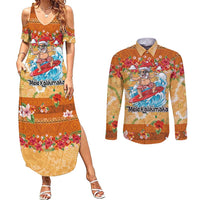 Hawaii Mele Kalikimaka Couples Matching Summer Maxi Dress and Long Sleeve Button Shirt Funny Santa Claus Surfing on Tropical Plants LT03 Multicolor - Polynesian Pride