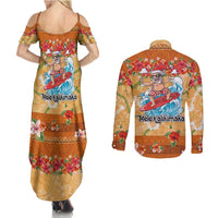 Hawaii Mele Kalikimaka Couples Matching Summer Maxi Dress and Long Sleeve Button Shirt Funny Santa Claus Surfing on Tropical Plants LT03 - Polynesian Pride