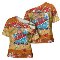 Hawaii Mele Kalikimaka Cross Shoulder Shirt Funny Santa Claus Surfing on Tropical Plants - Polynesian Pride