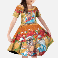 Hawaii Mele Kalikimaka Family Matching Off The Shoulder Long Sleeve Dress and Hawaiian Shirt Funny Santa Claus Surfing on Tropical Plants LT03 Daughter's Dress Multicolor - Polynesian Pride