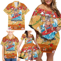 Hawaii Mele Kalikimaka Family Matching Off Shoulder Short Dress and Hawaiian Shirt Funny Santa Claus Surfing on Tropical Plants LT03 - Polynesian Pride