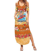 Hawaii Mele Kalikimaka Family Matching Summer Maxi Dress and Hawaiian Shirt Funny Santa Claus Surfing on Tropical Plants LT03 Mom's Dress Multicolor - Polynesian Pride