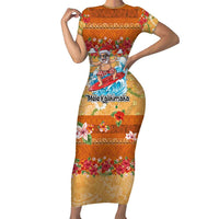Hawaii Mele Kalikimaka Short Sleeve Bodycon Dress Funny Santa Claus Surfing on Tropical Plants - Polynesian Pride