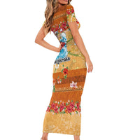 Hawaii Mele Kalikimaka Short Sleeve Bodycon Dress Funny Santa Claus Surfing on Tropical Plants - Polynesian Pride