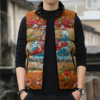 Hawaii Mele Kalikimaka Sleeveless Puffer Jacket Funny Santa Claus Surfing on Tropical Plants - Polynesian Pride