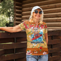 Hawaii Mele Kalikimaka Women Polo Shirt Funny Santa Claus Surfing on Tropical Plants LT03 - Polynesian Pride