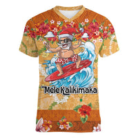 Hawaii Mele Kalikimaka Women V-Neck T-Shirt Funny Santa Claus Surfing on Tropical Plants LT03 Female Multicolor - Polynesian Pride