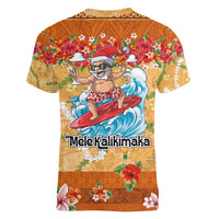 Hawaii Mele Kalikimaka Women V-Neck T-Shirt Funny Santa Claus Surfing on Tropical Plants - Polynesian Pride