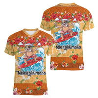 Hawaii Mele Kalikimaka Women V-Neck T-Shirt Funny Santa Claus Surfing on Tropical Plants - Polynesian Pride