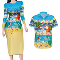 Polynesian Merry Christmas Couples Matching Long Sleeve Bodycon Dress and Hawaiian Shirt Funny Santa Beach Tropical Plant and Turtle LT03 Multicolor - Polynesian Pride