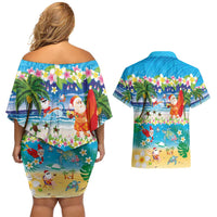 Polynesian Merry Christmas Couples Matching Off Shoulder Short Dress and Hawaiian Shirt Funny Santa Beach Tropical Plant and Turtle - Polynesian Pride