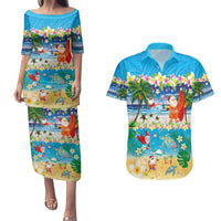 Polynesian Merry Christmas Couples Matching Puletasi and Hawaiian Shirt Funny Santa Beach Tropical Plant and Turtle - Polynesian Pride