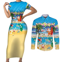 Polynesian Merry Christmas Couples Matching Short Sleeve Bodycon Dress and Long Sleeve Button Shirt Funny Santa Beach Tropical Plant and Turtle - Polynesian Pride