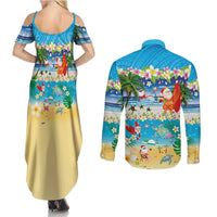 Polynesian Merry Christmas Couples Matching Summer Maxi Dress and Long Sleeve Button Shirt Funny Santa Beach Tropical Plant and Turtle - Polynesian Pride