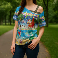 Polynesian Merry Christmas Cross Shoulder Shirt Funny Santa Beach Tropical Plant and Turtle - Polynesian Pride