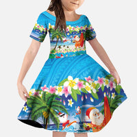 Polynesian Merry Christmas Family Matching Long Sleeve Bodycon Dress and Hawaiian Shirt Funny Santa Beach Tropical Plant and Turtle LT03 Daughter's Dress Multicolor - Polynesian Pride