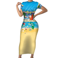 Polynesian Merry Christmas Family Matching Short Sleeve Bodycon Dress and Hawaiian Shirt Funny Santa Beach Tropical Plant and Turtle LT03 Mom's Dress Multicolor - Polynesian Pride