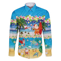 Polynesian Merry Christmas Family Matching Summer Maxi Dress and Hawaiian Shirt Funny Santa Beach Tropical Plant and Turtle LT03 Dad's Shirt - Long Sleeve Multicolor - Polynesian Pride
